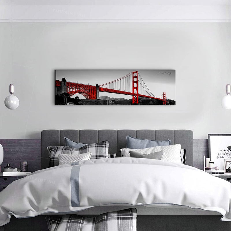 sunfrower San Francisco Golden Gate Bridge Wall Art Modern Canvas Prints Cityscape Pictures for Living Room Bedroom Decor Red Black and White California City Wall Paintings Artwork Office Home Decorations - Image 2